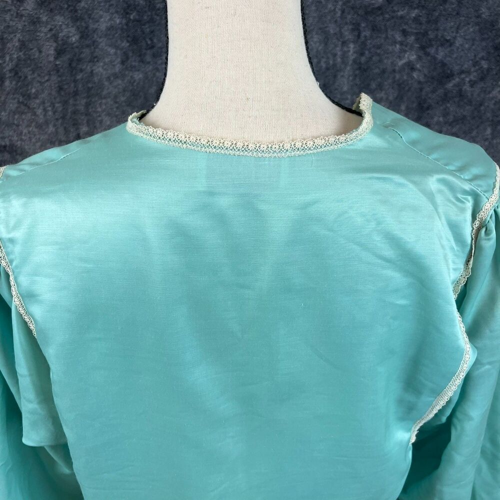 Vtg Bill Tice Pajama Top Satin Women's S Blue Embroidered Tie Long Sleeve - Picture 6 of 11